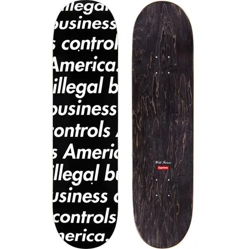 Black Skateboard Deck Featuring Illegal Business Artwork