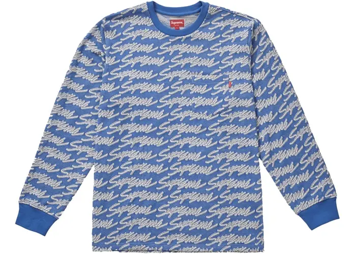 Blue Signature Script Long-Sleeve Pocket Tee