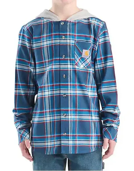Carhartt Boys’ Long-Sleeve Hooded Flannel Shirt with Button Front