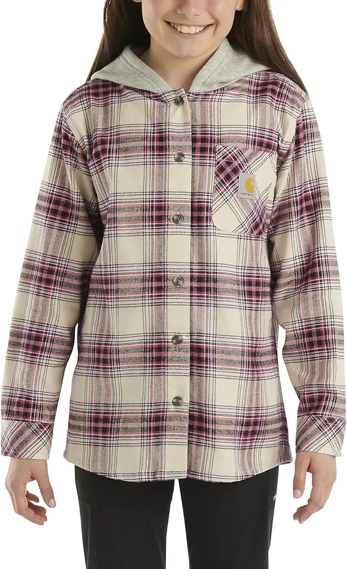 Carhartt Kids Pink-and-White Hooded Flannel Shirt with Button Front