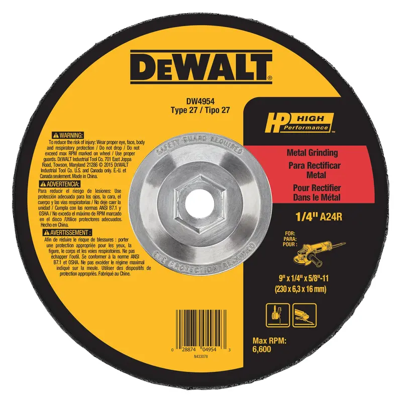DEWALT 9″ Type 27 HP Metal Grinding Wheel – 1/4″ Thickness, 5/8-11 Thread, 10-Pack