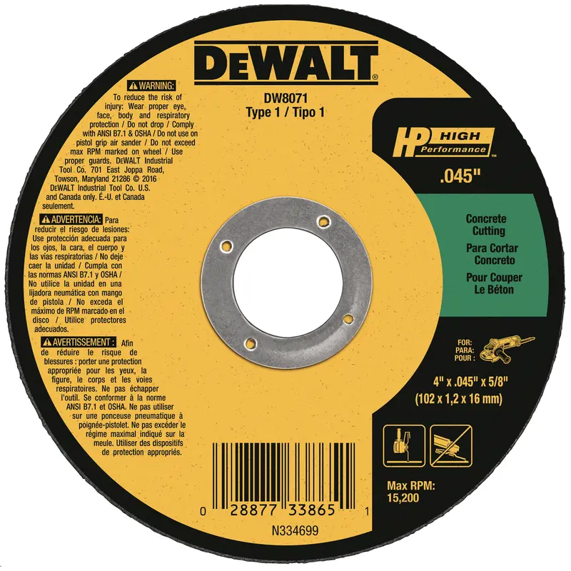 DeWalt DW8072 Concrete-Cut Type 1 Wheel – 4.5 in x 0.045 in x 7/8 in Arbor, 25 per Box