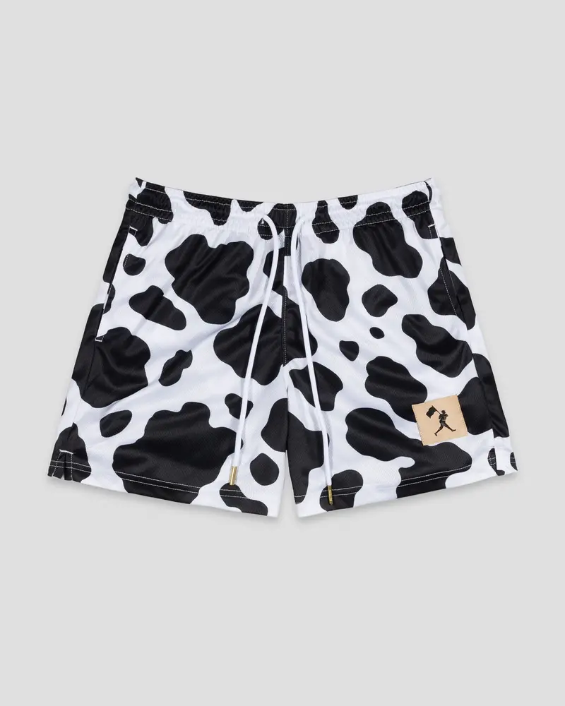 Moo Milk Cow Print Diamond Air Mesh Shorts – Black, Adult