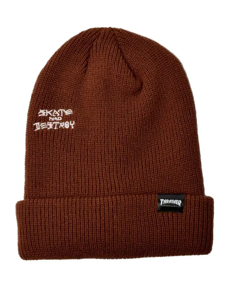 Thrasher Skate & Destroy 3-Panel Beanie – Brown