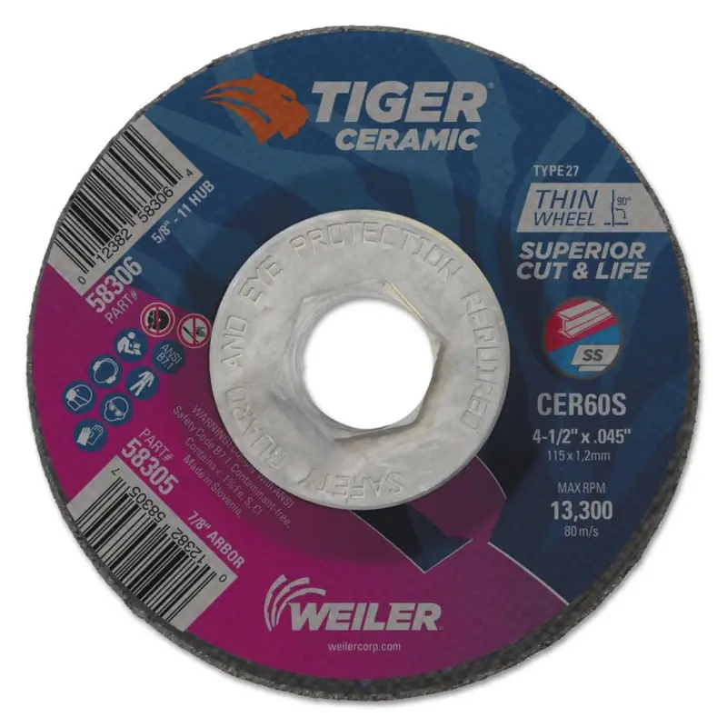 Weiler Tiger Ceramic Alumina Type 27 Cutting Wheels – 5/8-11″ Hub, Pack of 10