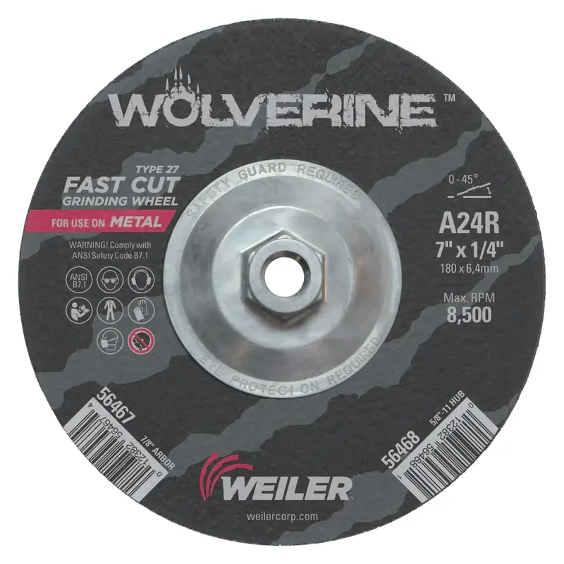 Weiler Wolverine Type 27 Grinding Discs – 7″ × 1/4″ × 5/8″, 10-Unit Pack (Model 56468)