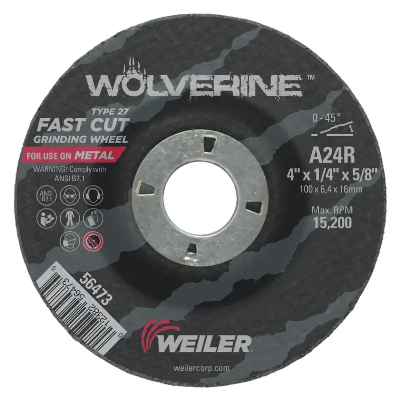 Weiler Wolverine Type 27 Grinding Wheel – 4″ × 1/4″ × 5/8″, 10-Pack (Model 56473)