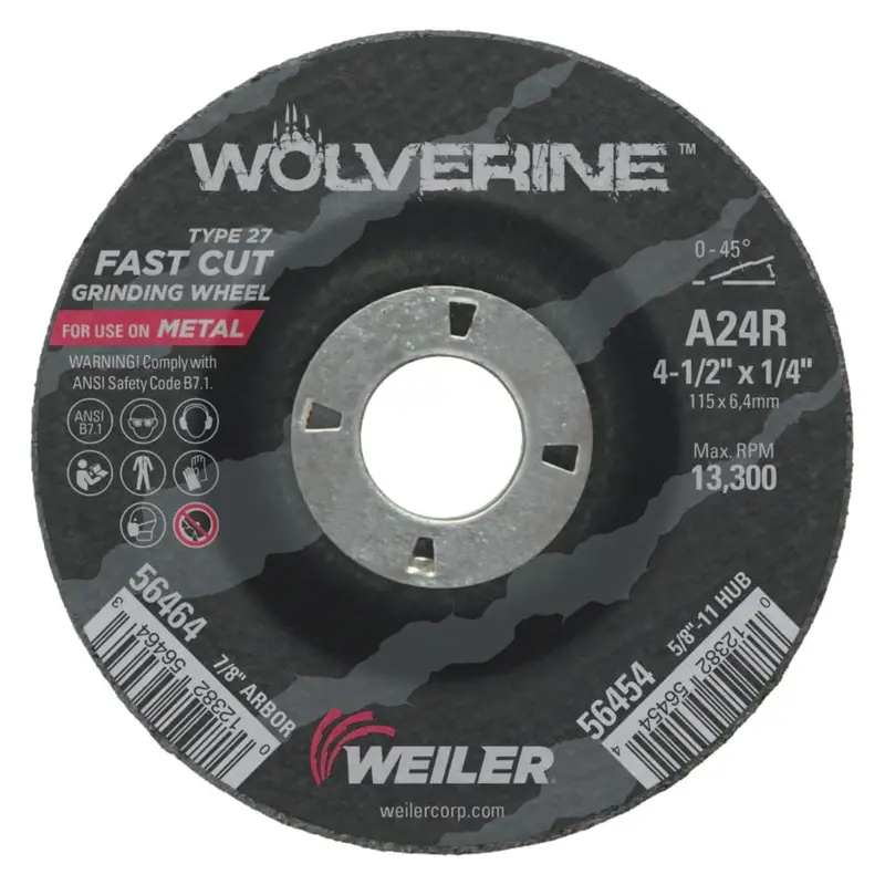 Weiler Wolverine Type 27 Grinding Wheels – 4.5″ × 1/4″ × 7/8″, 10-Count Box (Model 56464)