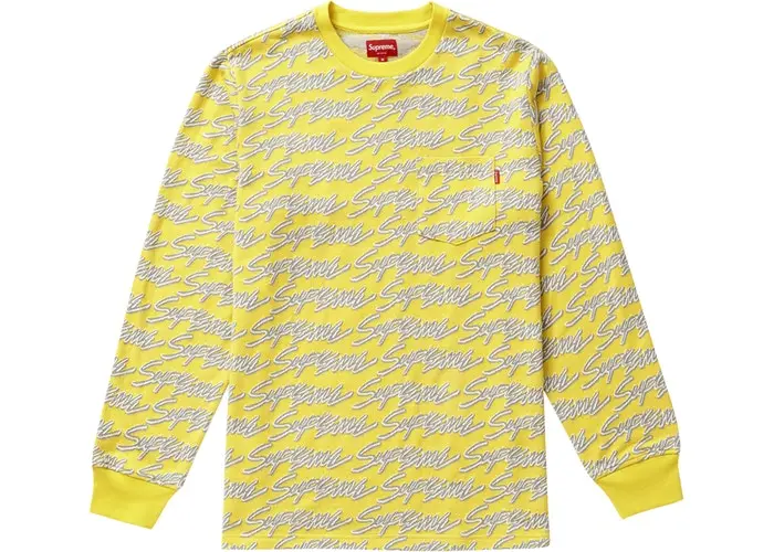 Yellow Signature Script Long-Sleeve Pocket Tee